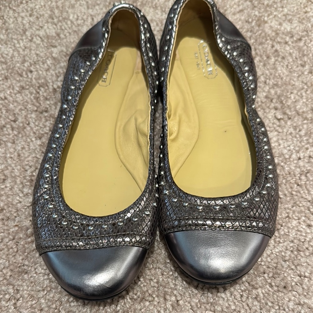 Coach Silver Ballet Flats with Studded Details
